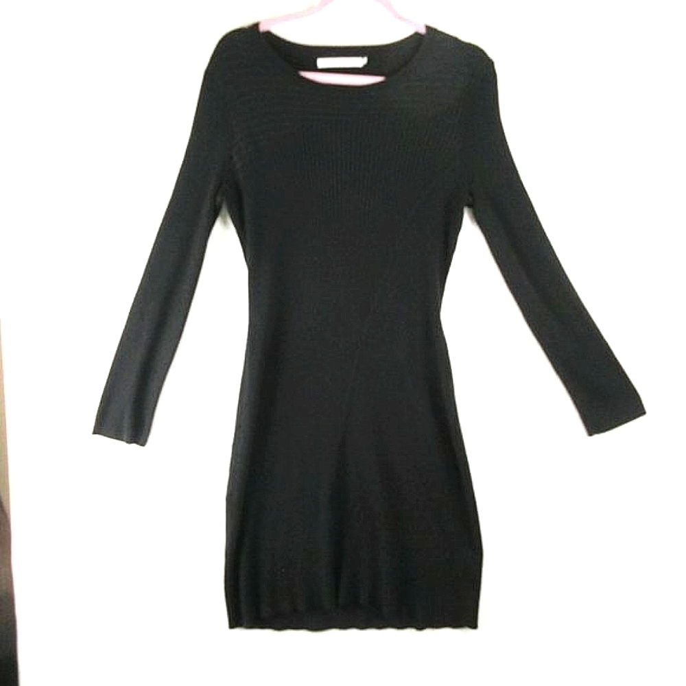 Stitches & Stripes Black Midi Sweater Dress XL Rib Knit Asymmetrical Mob Wife